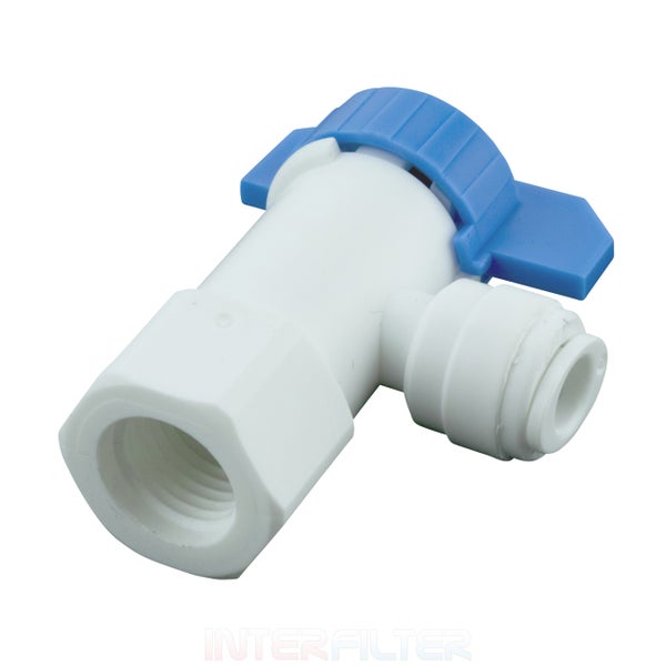 Kunststoff Kugelhahn für Wasserfilter mit Gewindeanschluss und Steckanschluss.