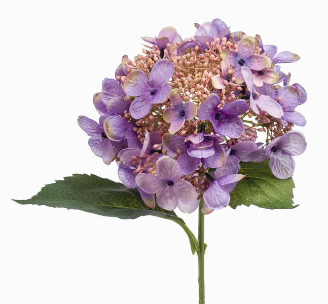 Künstliche Hortensie mit violetten Blüten, grünem Blatt und Stiel.