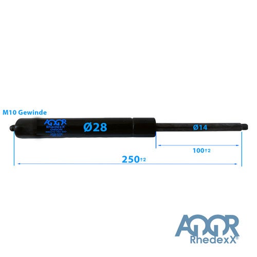 Gasdruckfeder mit M10 Gewinde, Durchmesser 28 Millimeter, Hub 100 Millimeter, Gehäuselänge 250 Millimeter, AGOR Rhedexx Logo.