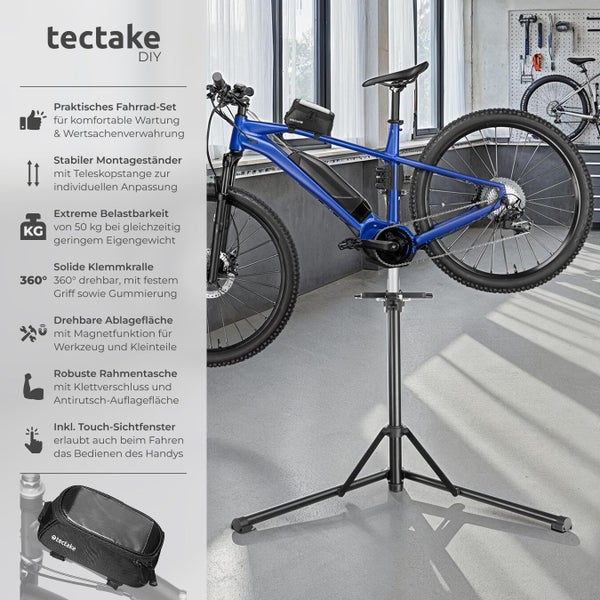 Blaues Fahrrad auf einem Fahrradmontageständer mit Zubehör und tectake Logo