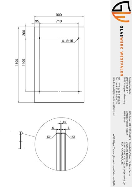 Technische Zeichnung einer Glasscheibe mit Maßen 900 mal 1800 Millimeter und Positionen für vier Bohrungen. Glaswerk Westfalen Logo.