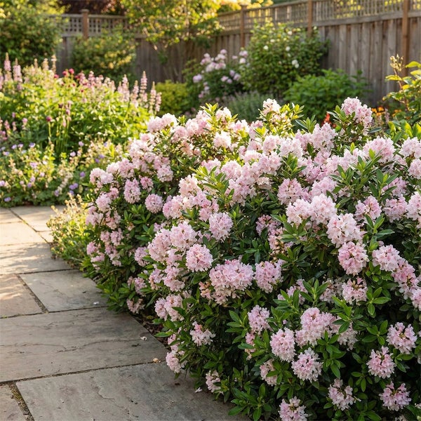 Blühender Rhododendron Strauch mit rosa Blüten neben einem Gartenweg aus Steinplatten und einem Holzzaun im Hintergrund.