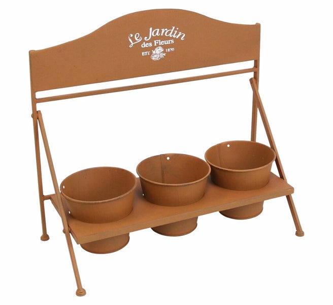 Dekoleidenschaft 3x Blumentopf Fleurs + Halter aus Metall in Rost Optik, Pflanztopf Set, Pflanzgefäß, Gartendeko für Draußen