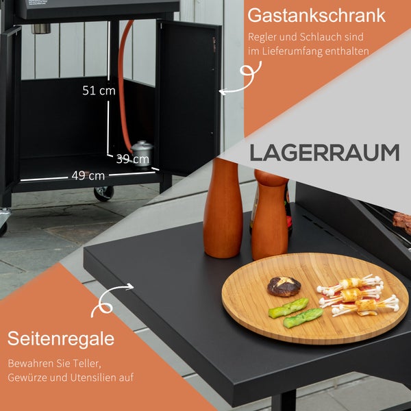 Outsunny Gasgrill, mobiler Grillwagen, BBQ mit 3 Brennern je 3 kw, 121 x 55 x 109 cm, Stahl, Schwarz