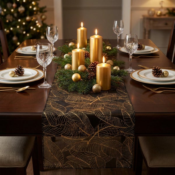 Festlich gedeckter Esstisch mit Tischläufer, brennenden Stumpenkerzen, Tannenzweigen, Kiefernzapfen und Weihnachtsdekoration.