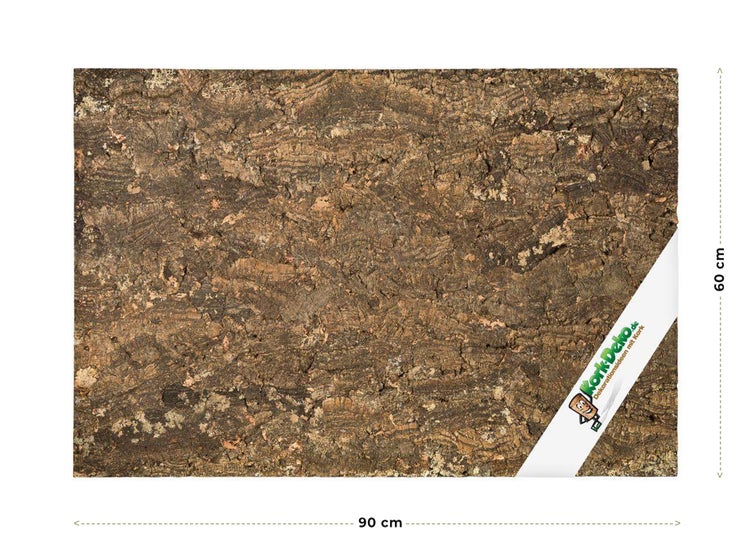 Naturkork-Rückwand für Terrarien, 90 mal 60 Zentimeter, grobe Struktur, Kork-Deko Logo.