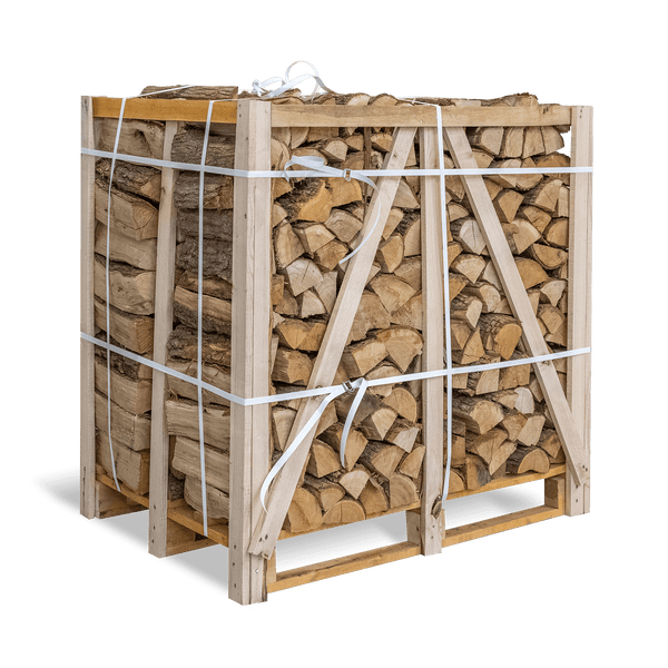 Brennholz in Holzkiste auf Palette, mit Bändern gesichert