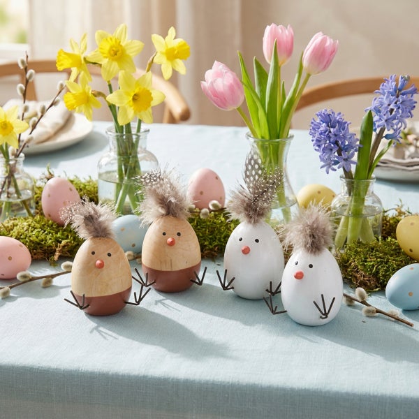 Osterdekoration mit vier hölzernen Kükenfiguren mit Federn, umgeben von Frühlingsblumen, bunten Ostereiern und Moos auf einem gedeckten Tisch.