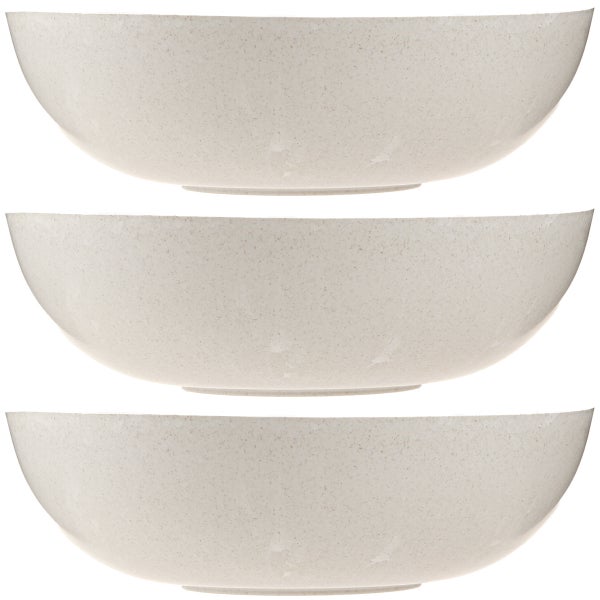 Drei runde, beige gesprenkelte Schalen.