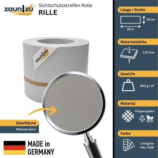 Zaun zu Sichtschutzstreifen Rolle Rille aus Polypropylen, 26 Meter lang und 19 Zentimeter breit
