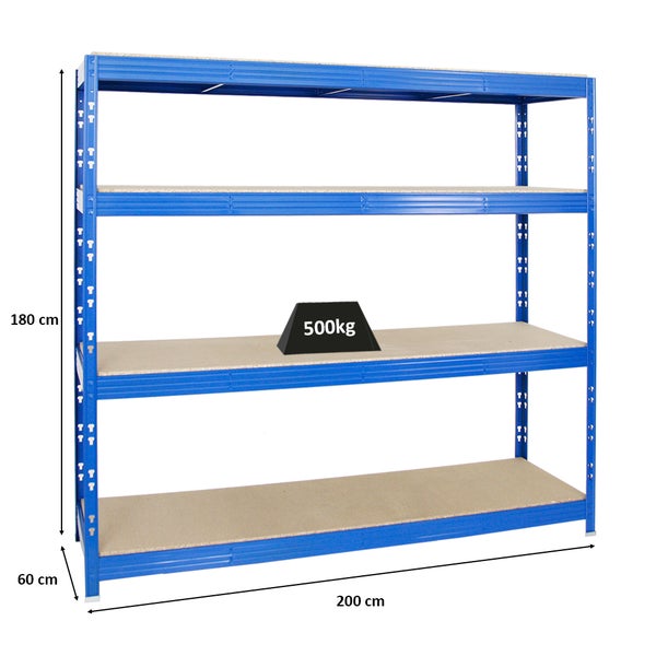 PROREGAL Profi Schwerlastregal Rhino HxBxT 180 x 200 x 60 cm 4 Spanplatten-Ebenen 16mm Fachlast 500 kg Blau
