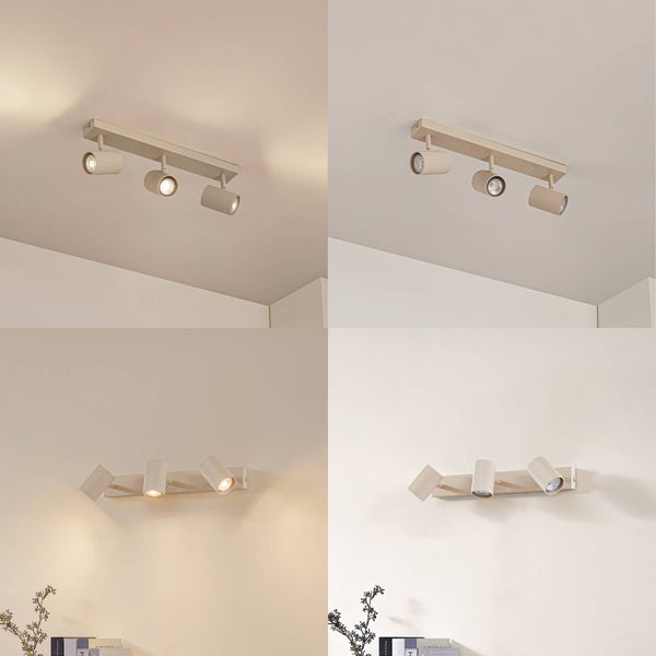 Deckenleuchte mit drei Strahlern in unterschiedlichen Lichtstimmungen