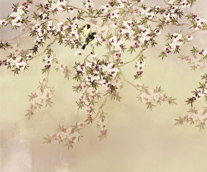 Tapete mit Blütenzweigen und Vögeln