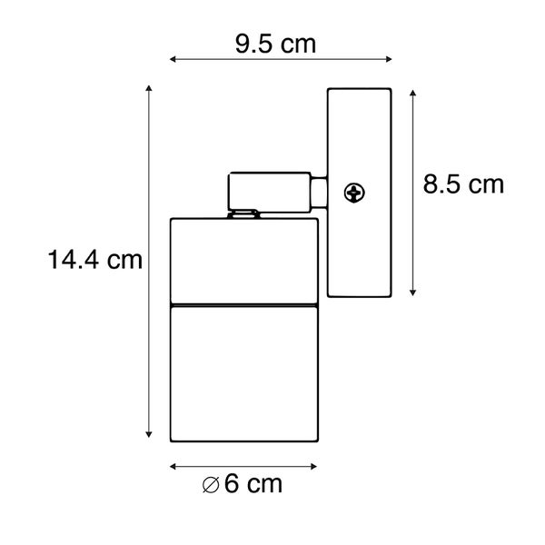 Technische Zeichnung Wandleuchte: Gesamthöhe 14,4 Zentimeter, Breite 9,5 Zentimeter, Durchmesser 6 Zentimeter, Halterung 8,5 Zentimeter.