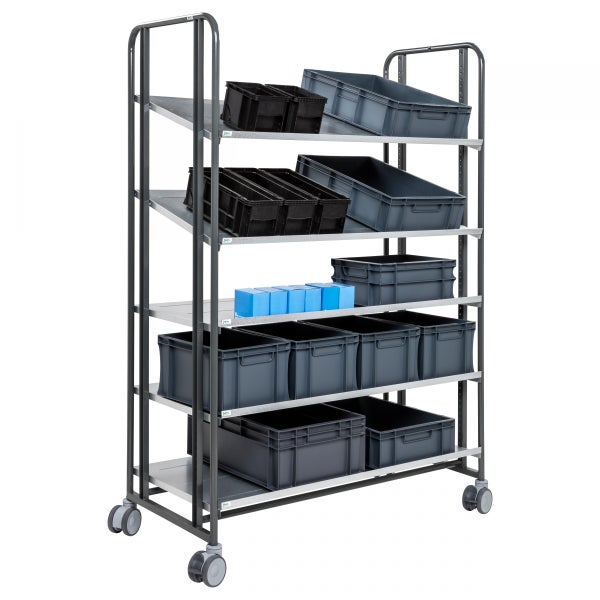 Rollregal mit mehreren Ablageflächen und verschiedenen Kunststoffboxen