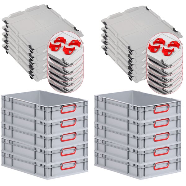 PROREGAL Spar Set 10x Eurobox Nextgen Color Mit Auflagedeckel & Schiebeschnappverschlüsse HxBxT 12 x 40 x 60 cm Griffe Rot Geschlossen Glatter Boden