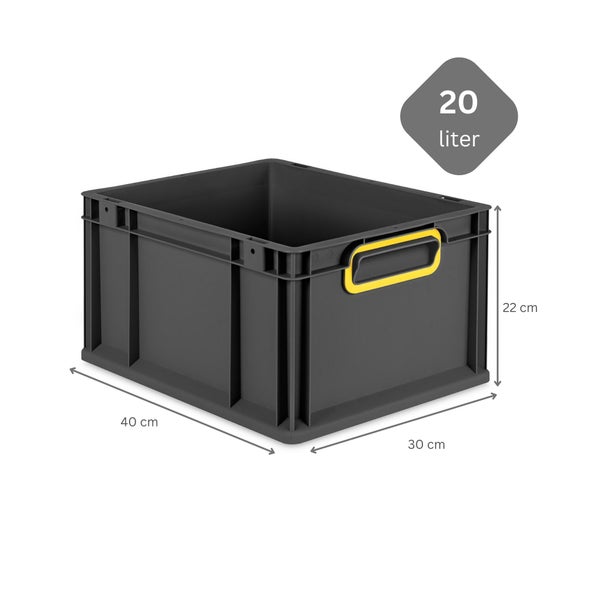 PROREGAL SparSet 5x Eurobox NextGen Color mit Auflagedeckel und Schiebeschnappverschlüsse, HxBxT 22x30x40cm, 20 Liter, Schwarz, Griffe gelb geschlossen, Eurobehälter, Transportbox, Transportbehälter, Stapelbehälter