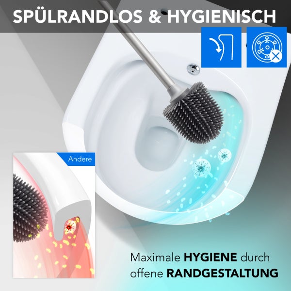Spülrandloses WC mit Silikon-WC-Bürste zeigt Hygienevorteile durch offene Randgestaltung im Vergleich zu herkömmlichen Modellen mit Spülrand.