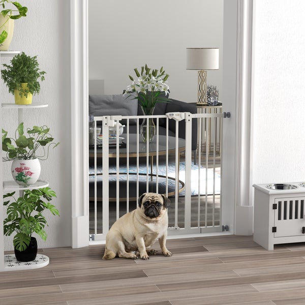 PawHut Türschutzgitter Hunde, Absperrgitter, 74-94 cm, Treppenschutzgitter für Haustier, Hundegitter inkl. Verlängerung, Schutzgitter ohne Bohren, Metall, Kunststoff, Weiß