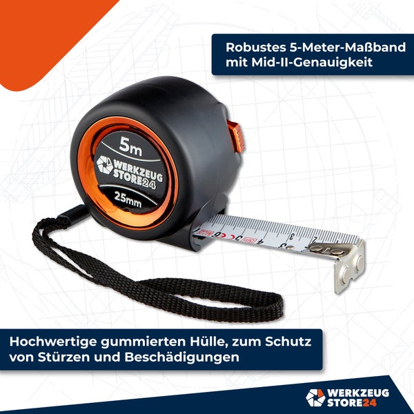 Fünf Meter Rollbandmaß mit gummierter Hülle und Handschlaufe.
