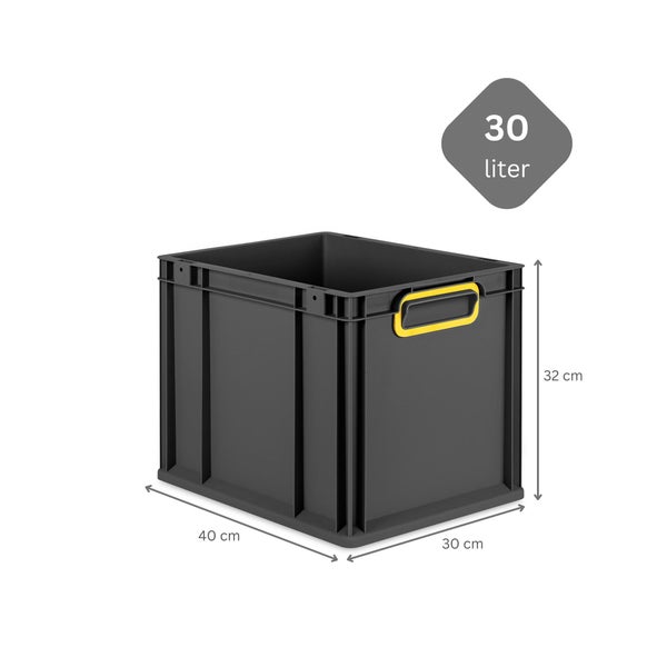 PROREGAL SuperSparSet 5x Eurobox NextGen Color mit Scharnierdeckel und Schiebeschnappverschlüssen, HxBxT 32x30x40cm, 30 Liter, Schwarz, Griffe gelb geschlossen, Eurobehälter, Transportbox, Transportbehälter, Stapelbehälter