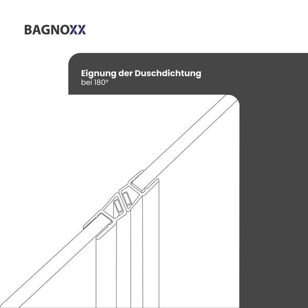 Bagnoxx Logo und technische Zeichnung zur Eignung der Duschdichtung bei 180 Grad.