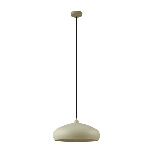 Minimalistische Hängeleuchte mit rundem Metallschirm in Beige und schwarzem Kabel.