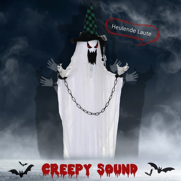Dekorativer Halloween Geist mit Hut, Ketten und heulenden Geräuschen für eine gruselige Atmosphäre.