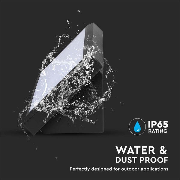 Schwarze Außenwandleuchte mit Wasserspritzern zur Darstellung der Schutzart IP65, staubdicht und strahlwassergeschützt.