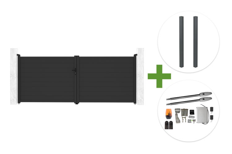 Zweiflügeliges Einfahrtstor-Set inklusive zwei Pfosten und elektrischem Torantrieb mit Fernbedienungen und Montagematerial.