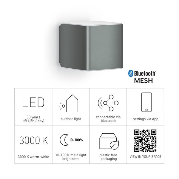 Würfelförmige LED-Außenwandleuchte mit Bluetooth Mesh, 3000 Kelvin warmweiß, dimmbar von 10 bis 100 Prozent, App-Steuerung und plastikfreie Verpackung.
