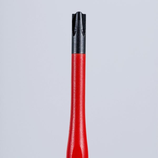 Detailaufnahme eines Schraubendrehers mit rotem Griff