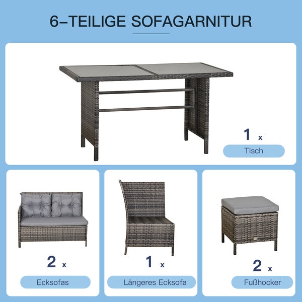 Outsunny 6 tlg. Sitzgarnitur Sitzgruppe Gartenset Sofagarnitur Gartenmöbel Set Lounge, Polyrattan, Grau