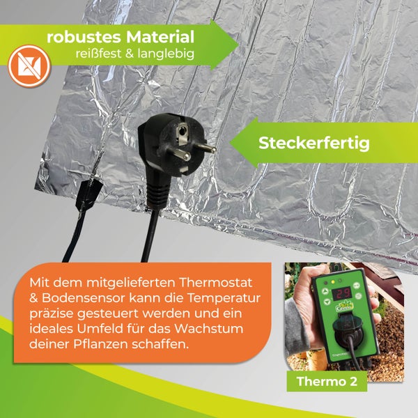 Pflanzenheizmatte mit Stecker und Thermostat zur Temperaturregelung