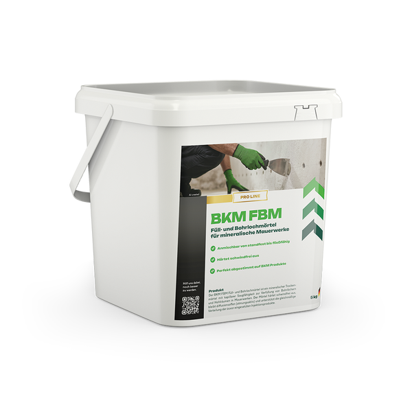 Weißer Kunststoffeimer BKM FBM Füll- und Bohrlochmörtel für mineralisches Mauerwerk, Pro Line, 5 Kilogramm.