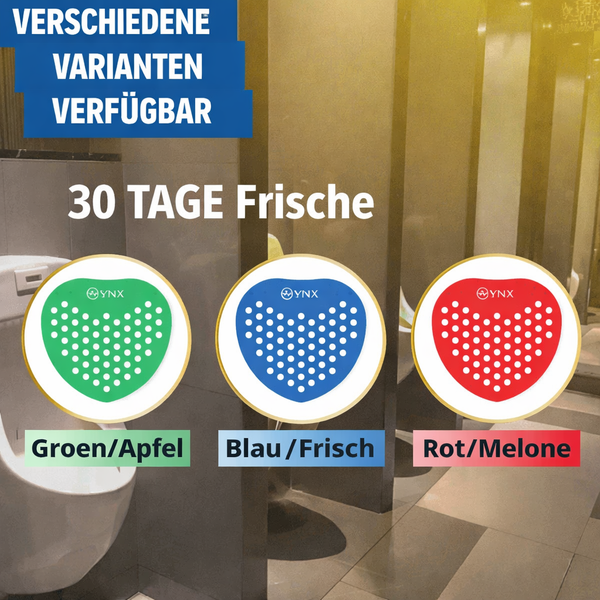 Verschiedene Urinal-Duftsteine in Grün, Blau und Rot mit Duftrichtungen Apfel, Frisch und Melone.