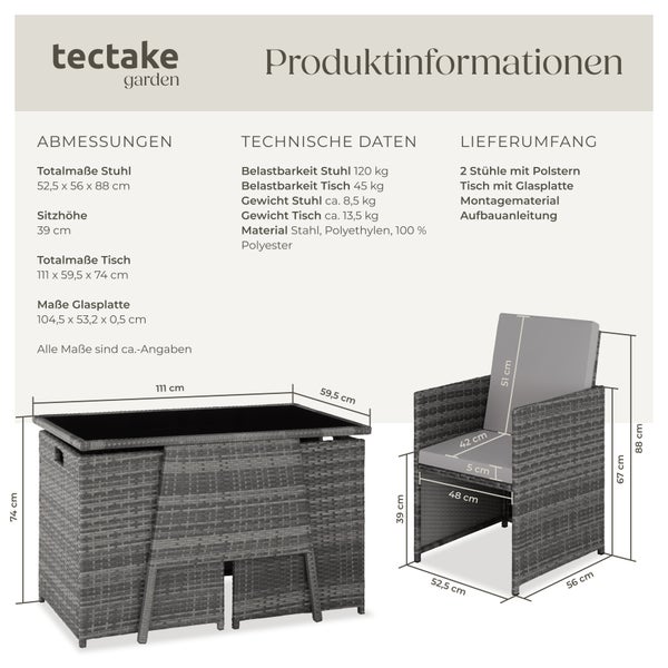 Rattan Sitzgruppe tectake Lausanne zusammenschiebbar für 2 Personen grau