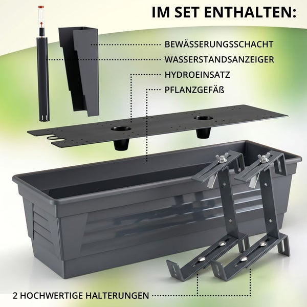 Lieferumfang eines Blumenkastensets mit Bewässerungsschacht, Wasserstandsanzeiger, Hydroeinsatz, Pflanzgefäß und zwei Halterungen.