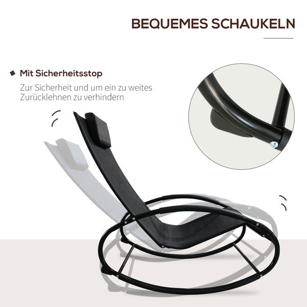 Schwarze Garten-Schaukelliege mit Sicherheitsstop zur Begrenzung der Neigung und bequemer Liegefläche aus Textil.