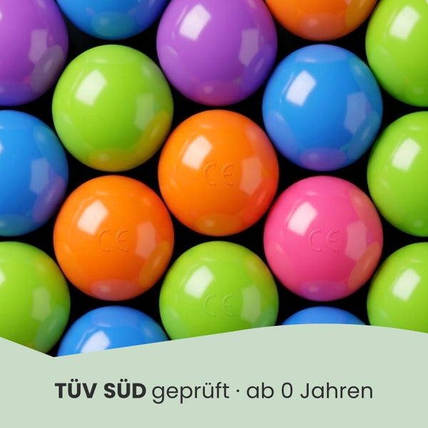 Bunte Bällebadbälle aus Kunststoff, TÜV SÜD geprüft, geeignet für Kinder ab 0 Jahren, mit CE-Kennzeichnung.