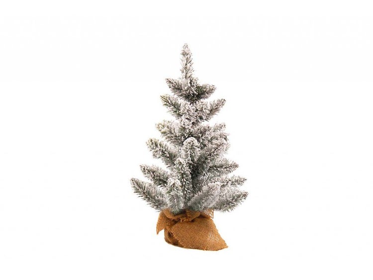 Künstlicher Weihnachtsbaum mit Kunstschnee und Jutesack als Dekoration für den Innenbereich
