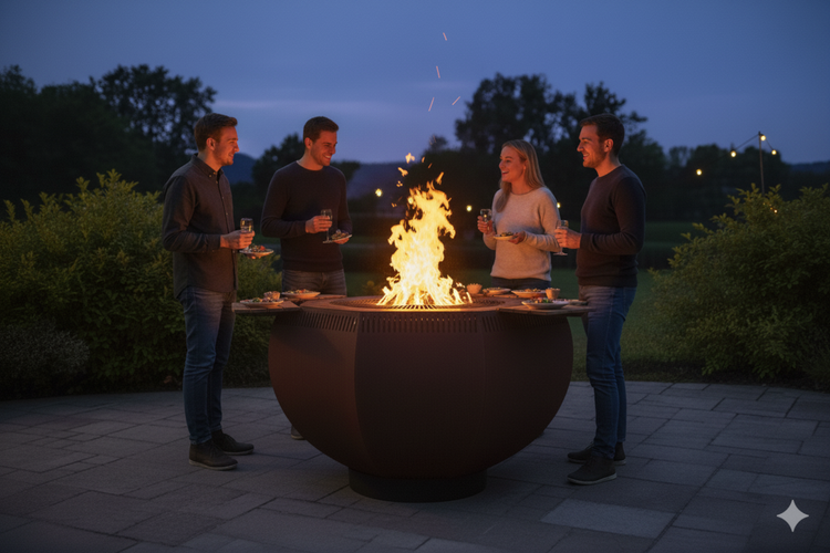 Gruppe von Personen, die um eine Feuerstelle mit Kochfeld stehen und essen