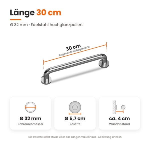Wannengriff aus Edelstahl hochglanzpoliert mit 30 Zentimeter Länge, 32 Millimeter Rohrdurchmesser und 4 Zentimeter Wandabstand.