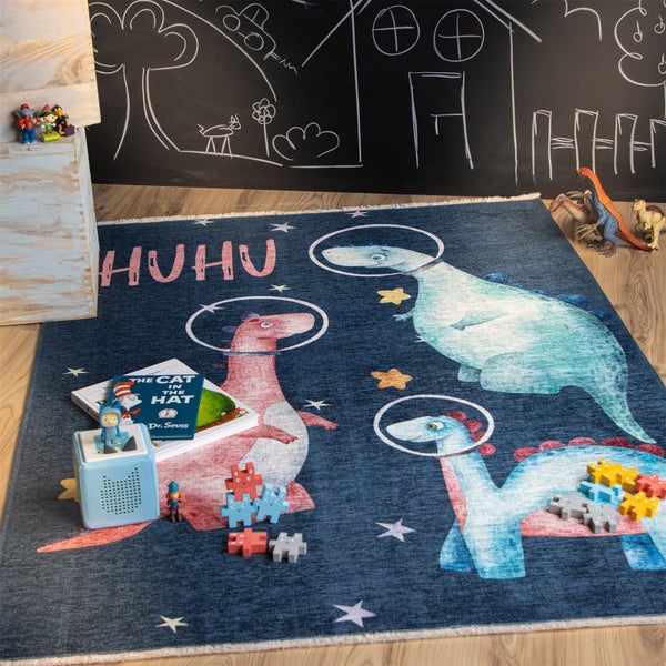 Kinderspielteppich mit Dinosaurier Motiv im Weltraum Design für Kinderzimmer