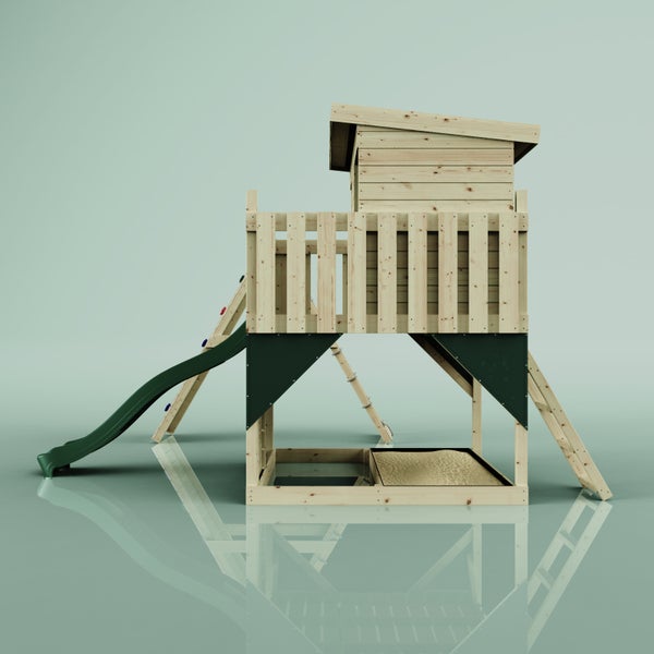 Spielturm aus Holz mit Spielhaus, Rutsche, Kletterwand, Strickleiter und Sandkasten für den Garten.