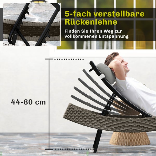 Sonnenliege mit 5-fach verstellbarer Rückenlehne, Höhenverstellbarkeit von 44 bis 80 Zentimeter.