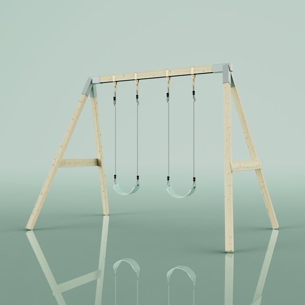 Doppelschaukel aus hellem Holz mit zwei mintfarbenen Sitzen und stabilen Metallverbindungen für den Garten.