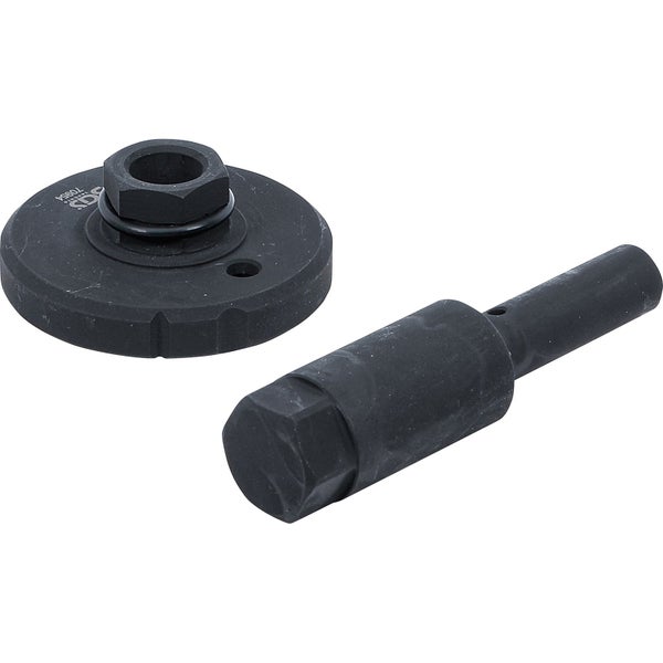 Spezialwerkzeug-Set aus schwarzem Metall für Kraftstoffpumpen, bestehend aus einer runden Adapterplatte und einem zylindrischen Einsatz.