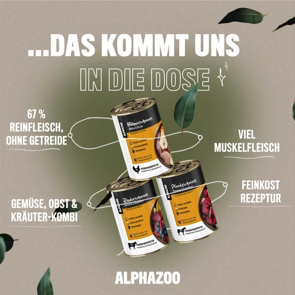 ALPHAZOO Probierschmaus Nassfutter 6 x 400g für Hunde I Rind, Huhn und Pferd Probierpaket