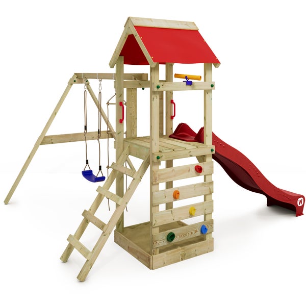 WICKEY Spielturm Klettergerüst FreeFlyer mit Schaukel und Rutsche, Kletterturm mit Sandkasten, Leiter und Spiel-Zubehör - rot